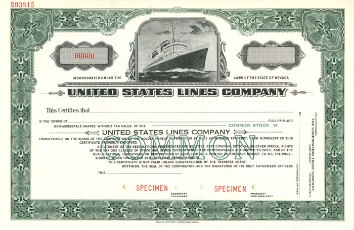 United States Lines Co. - Specimen Shipping Stock Certificate